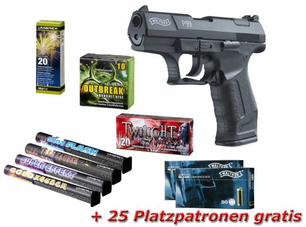 Walther P99 Schreckschuss Pistole + Silvester Spar-Set mit insgesamt 90